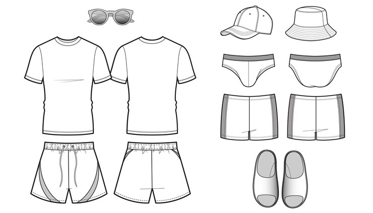 Vecteur ensemble de croquis de vêtements mans pour des vacances à la plage