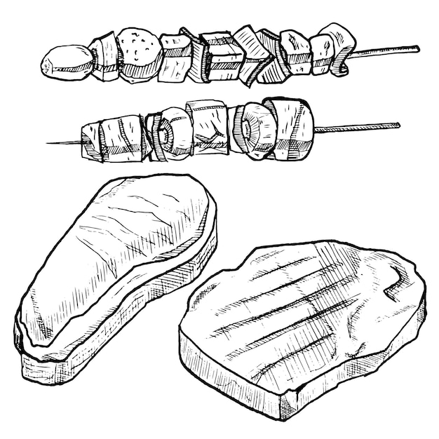 Ensemble de croquis et de viande de steak et de barbecue dessinés à la main