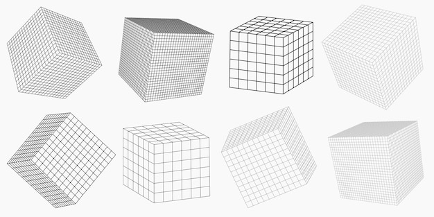 Un Ensemble De Cubes De Cadre De Différents Côtés Objets 3d Géométriques Abstraits Vectoriels Wir Noir Et Blanc