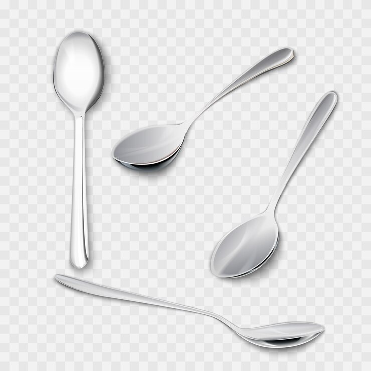 Ensemble de cuillères métalliques réalistes de différents points de vue. Réalisme 3D. illustration de cuillère à café isolé sur fond blanc.