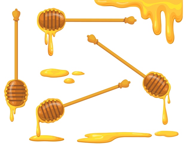 Ensemble De Cuillères à Miel Cuillères En Bois De Dessin Animé Louche Pour Faire Fondre Une Goutte De Liquide Sucré Gouttes De Douceur De Flux Doré Bonbons Goutte à Goutte Ustensile En Bois Illustration Vectorielle Soignée