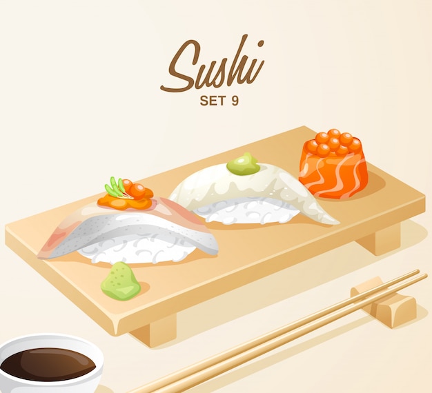 Ensemble De Cuisine Japonaise: Ensemble De Sushi Mixte Sur Plaque De Bois