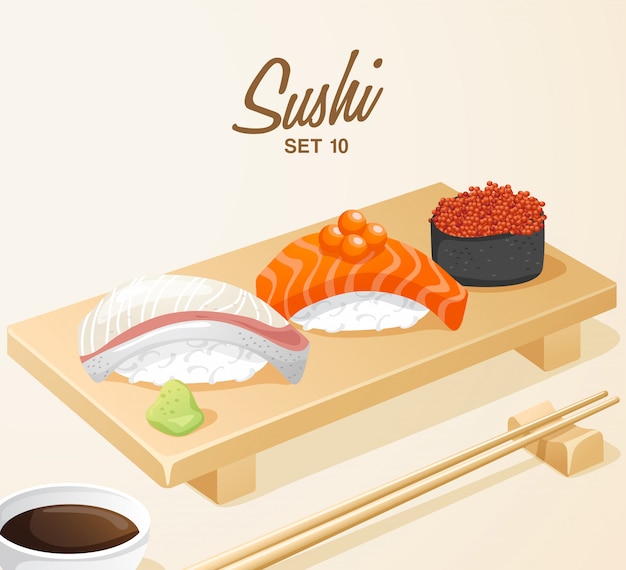 Ensemble De Cuisine Japonaise: Ensemble De Sushi Mixte Sur Plaque De Bois