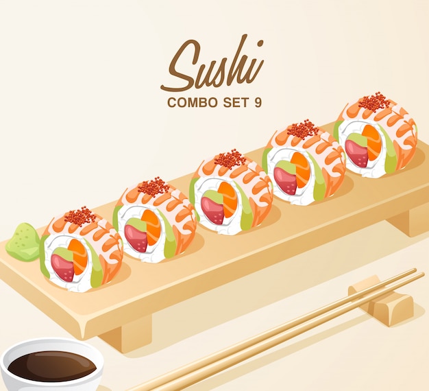 Ensemble De Cuisine Japonaise: Rouleaux De Sushi Sur Plaque En Bois