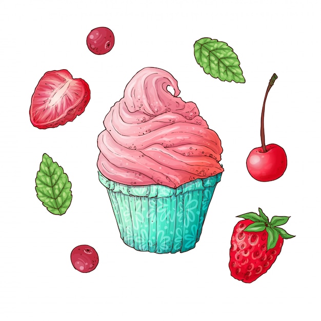 Un Ensemble De Cupcake Fraise Cerise. Dessin à Main Levée.