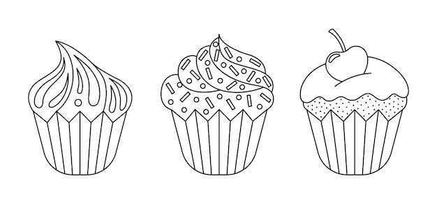Ensemble De Cupcake Linéaire Vectoriel. Décrire Les Desserts Sucrés Isolés Avec Des Pépites De Cerise Et De La Crème Au Beurre