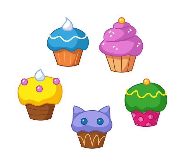 Un Ensemble De Cupcakes Avec Différentes Couleurs De Crème Et Arrose Illustration Vectorielle D'un Gâteau