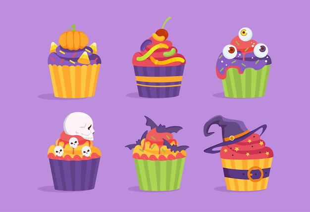 Ensemble de cupcakes d'Halloween Dessert et délicatesse pour les vacances de la peur et de l'horreur Bonbons et boulangerie maison Gâteaux effrayants et effrayants Collection de vecteurs plats de dessins animés isolées sur fond violet