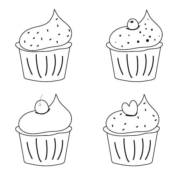 Ensemble De Cupcakes De Style Ligne Conception D'illustration Vectorielle De Dessert