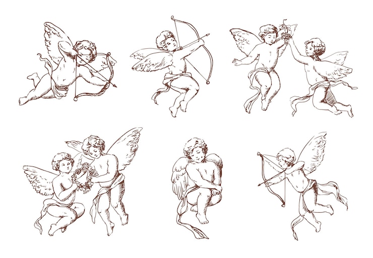Vecteur ensemble de cupidon vintage différent. divers anges volants avec des flèches et une collection d'arcs. illustration dessinée à la main d'amur monochrome de vecteur.
