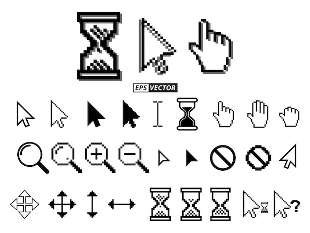 ensemble de curseurs pixel ou sablier pixel ou curseur souris pixel concept vecteur eps