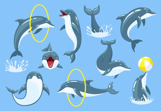 Ensemble De Dauphins Bleus Mignons, Sauts De Dauphins Et Astuces D'exécution. Grand Dauphin Exécutant Des Tours Ensemble D'illustrations