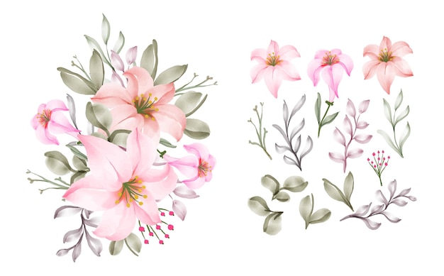 Ensemble de décoration de bouquet aquarelle de belles fleurs roses