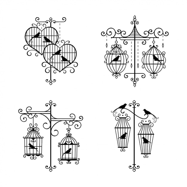 Ensemble De Décoration De Cage à Oiseaux De Mariage Dessiné à La Main