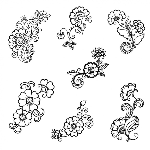 Vecteur ensemble de décoration de fleurs mehndi dans un style ethnique oriental, indien. ornement de doodle. décrire l'illustration du dessin à la main.