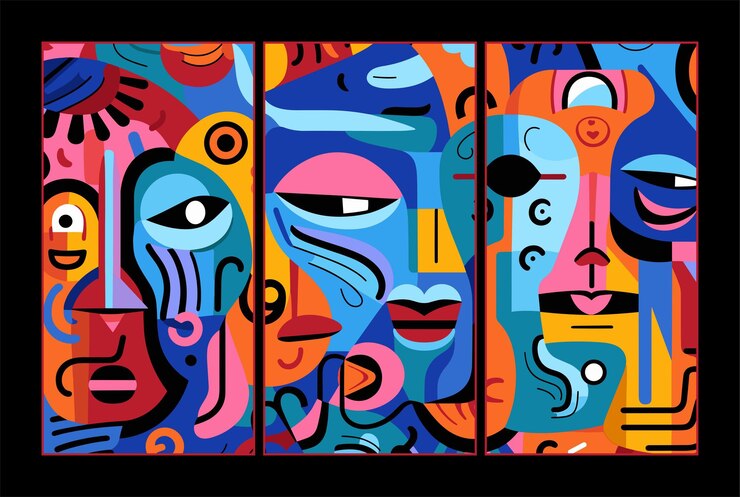 Vecteur ensemble de décoration murale modèle artistique dans le visage abstrait contemporain et coloré