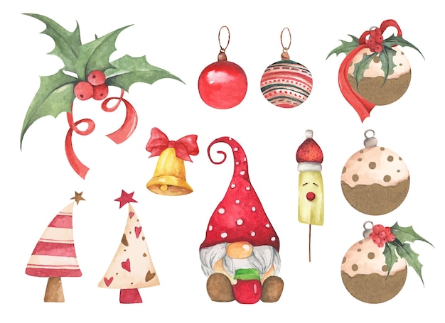 Ensemble de décorations de Noël. Éléments d'aquarelle sur fond blanc.