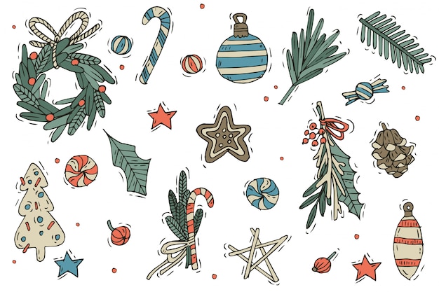 Ensemble de décorations de Noël. Éléments de dessin à la main sur un fond blanc. Éléments de conception de vacances d'hiver