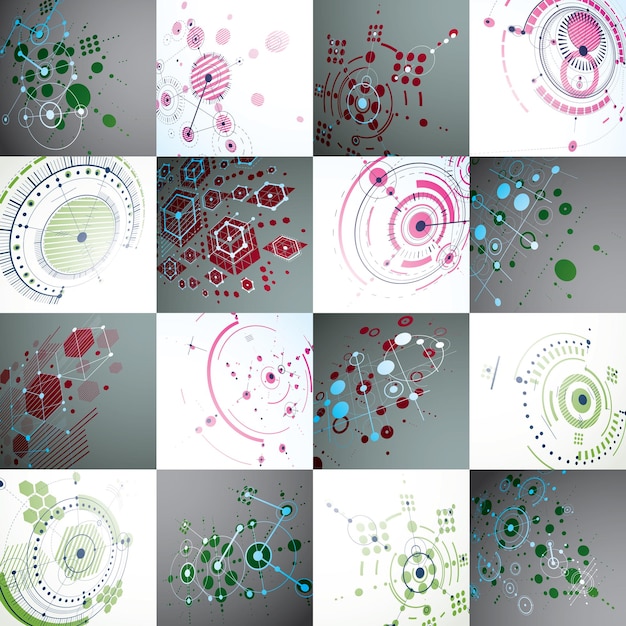 Ensemble de décors vectoriels 3d Bauhaus modulaires, créés à partir de figures géométriques telles que des hexagones, des cercles et des lignes. À utiliser comme affiche publicitaire ou conception de bannière. Schémas mécaniques abstraits en perspective.