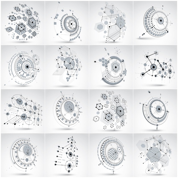 Ensemble de décors vectoriels 3d Bauhaus modulaires, créés à partir de figures géométriques telles que des hexagones, des cercles et des lignes. À utiliser comme affiche publicitaire ou conception de bannière. Schémas mécaniques abstraits en perspective.