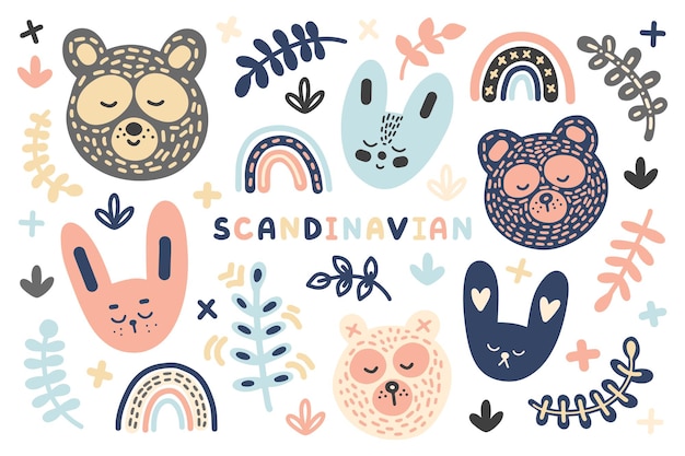 Ensemble Délicat De Clipart Vectoriel Scandinave Animaux Mignons Pour Enfants Textiles Imprime Affiches Cadeaux