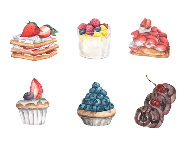 Ensemble De Délicieux Bonbons Et Desserts, Garniture Aux Baies. Illustration Aquarelle.