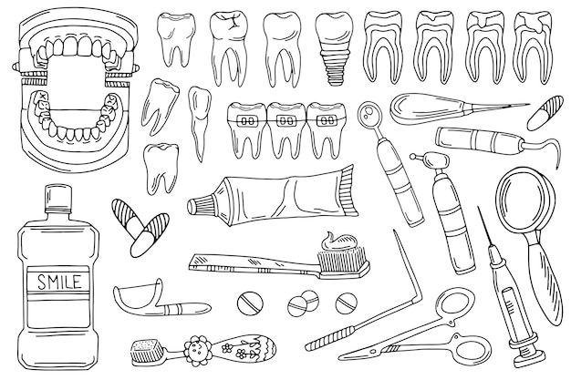 Vecteur ensemble dentaire dents dentiers instruments dentaires orthodontiques style doodle