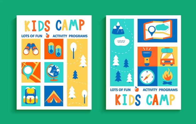 Ensemble De Dépliants De Camp D'été Pour Enfants, Concept Avec Lettrage Dessiné à La Main Et Camping