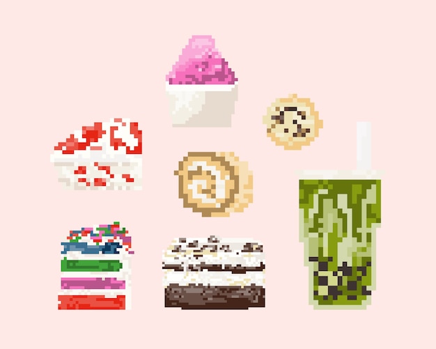 Vecteur ensemble de dessert en pixel art. art 8 bits.