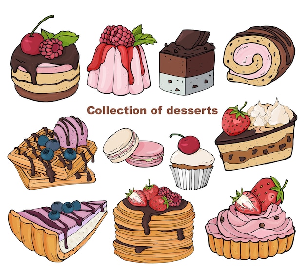 Vecteur ensemble de desserts dessinés à la main décorés de baies et de garniture