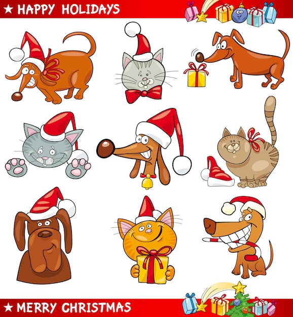 Ensemble De Dessin Animé De Chats Et De Chiens De Noël