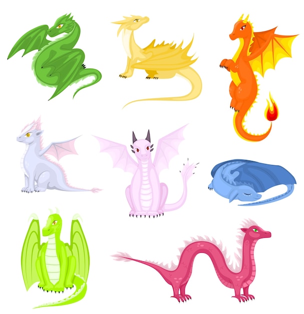 Ensemble de dessin animé de dragons sur fond blanc fée collection d'icônes de libellule mignonne bébé dragon de feu