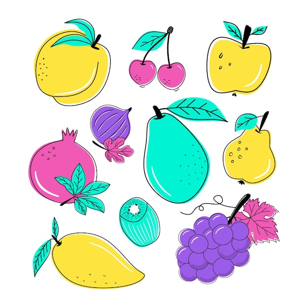 Ensemble de dessin animé de fruits juteux brillants