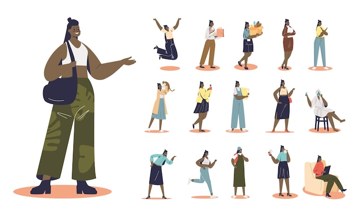Vecteur ensemble de dessin animé mix race fille afro-américaine hipster dans différentes situations et poses de style de vie: épicerie, avec chat, à la maison, fabrication de masques de beauté pour le visage et la peau. illustration vectorielle plane