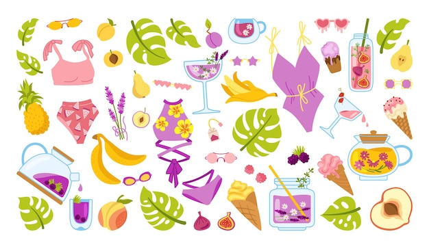 Ensemble De Dessin Animé De Scrapbook D'été. Glace D'été, Pot à Cocktail, Bikini, Bouilloire Monstera, Figues, Thé, Papaye