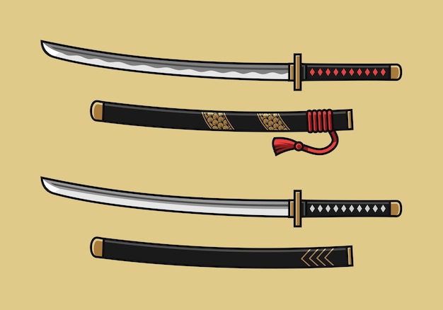 Vecteur ensemble de dessin au trait détail dessin animé katana épée japonaise