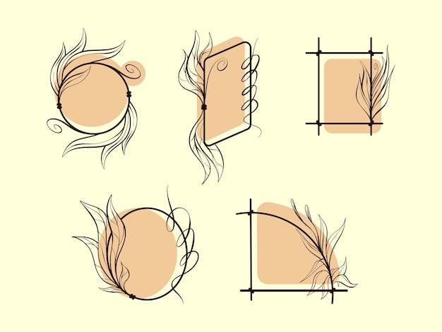 Vecteur ensemble de dessin au trait encadré botanique dessiné à la main couronne de feuilles moderne minimaliste