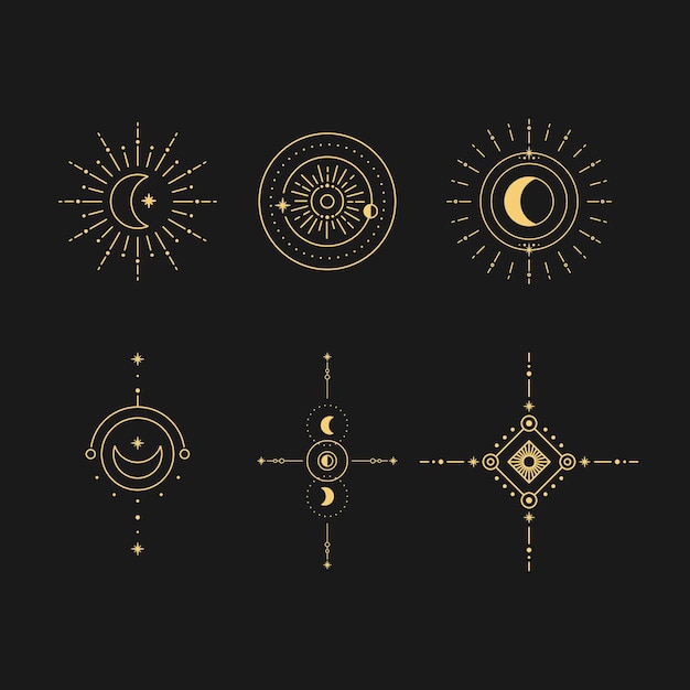 Ensemble De Dessin Au Trait Lune Et Soleil Symboles Linéaires Boho Minimaux élément Mystique Céleste