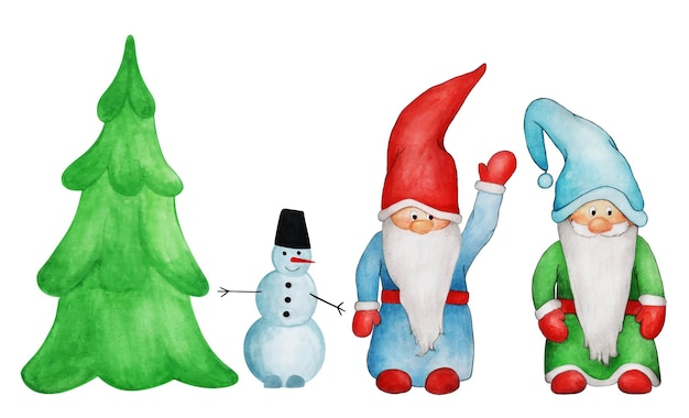 Ensemble dessiné à la main d'arbre de Noël, de gnomes et de bonhomme de neige isolé sur fond blanc. Illustration aquarelle colorée décorative.