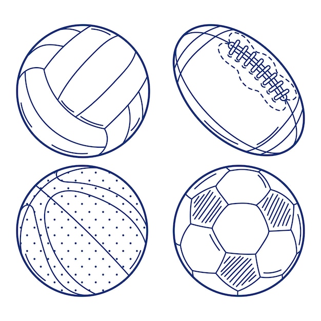 Vecteur ensemble dessiné à la main de basket-ball volley-ball football et ballon de football croquis d'art en ligne isolés sur fond blanc