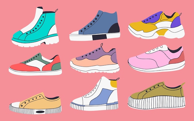 Ensemble Dessiné à La Main De Baskets Illustration Vectorielle à La Mode