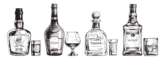 Vecteur ensemble dessiné à la main de boissons alcoolisées fortes. bouteille de rhum, cognac, tequila, whisky écossais. illustration, esquisse à l'encre.