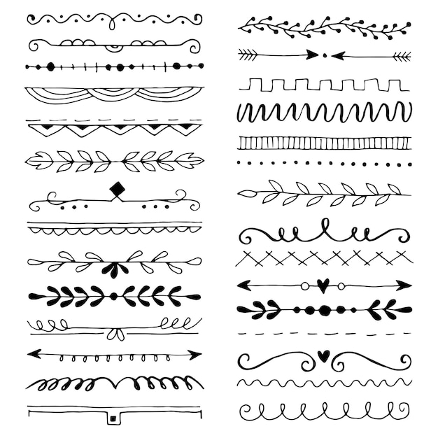 Ensemble dessiné à la main de bordure de ligne avec différents éléments : ornements floraux, feuille, séparateur de texte. Illustration vectorielle pour la conception de votre carte ou de votre bannière. Style de croquis de griffonnage. Éléments de bordure dessinés au pinceau