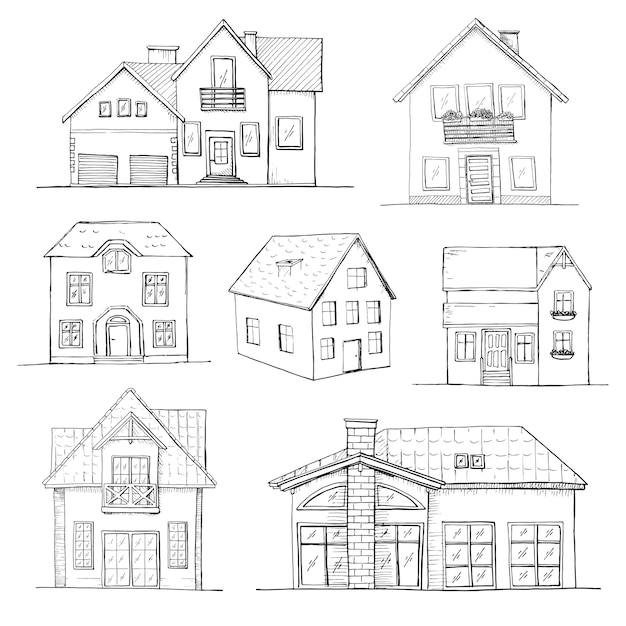 Ensemble Dessiné à La Main De Différentes Maisons. Illustration Dans Un Style D'esquisse.