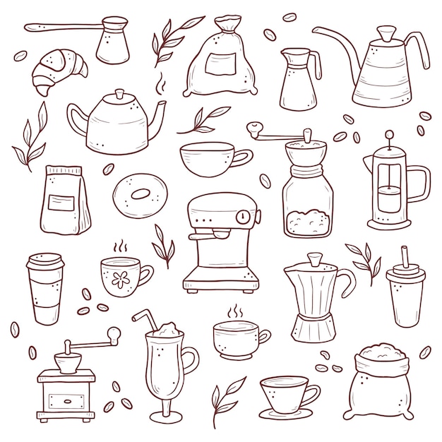 Ensemble dessiné à la main de différents types de tasses à café