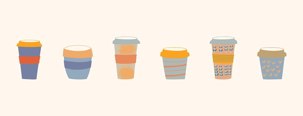 Ensemble Dessiné à La Main Diverses Tasses à Café. Vecteur Coloré Sur Fond Beige