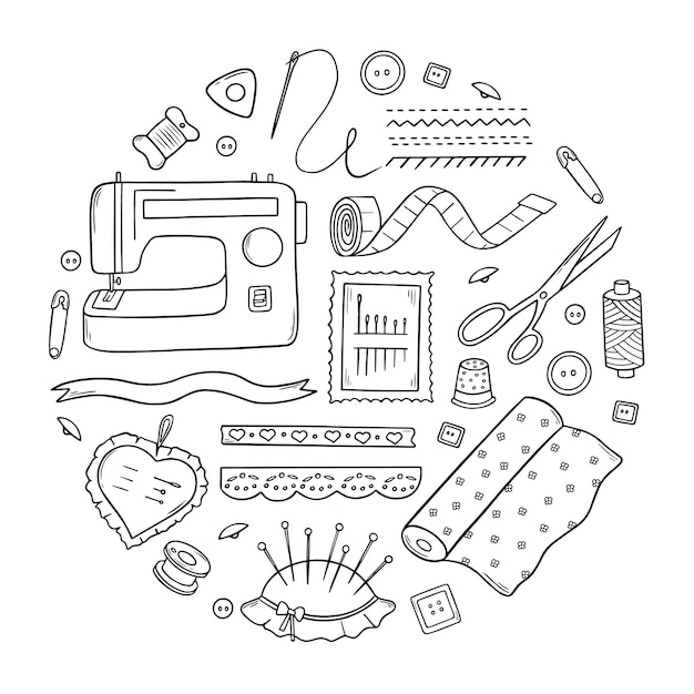 Ensemble dessiné à la main de doodle de couture et de travaux d'aiguille Fournitures et outils d'artisanat boutons de machine à coudre ciseaux broches et bobines de fil Illustration vectorielle isolée sur fond blanc
