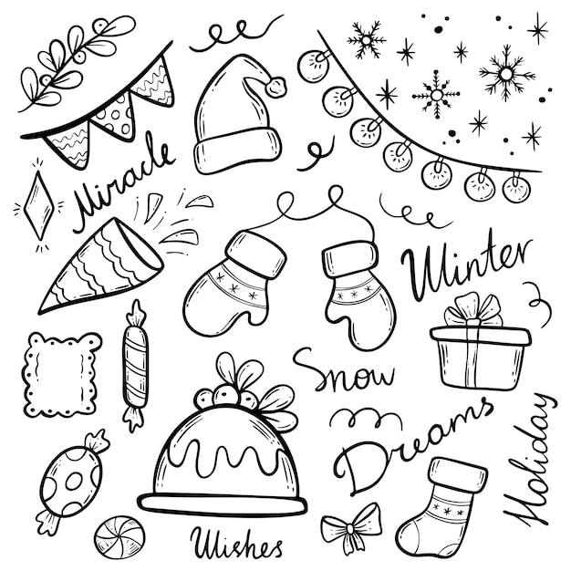 Ensemble dessiné à la main de doodles de noël d'hiver vecteur illustrations simples du nouvel an ensemble de nouvel an hol