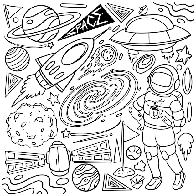 Vecteur ensemble dessiné à la main de doodles spatiaux doodles d'astrologie isolés sur fond blanc illustration vectorielle