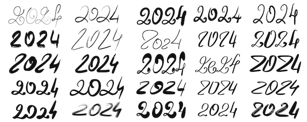 Ensemble Dessiné à La Main Du Numéro 2024 Collection De Griffonnages D'encre De Chiffres Du Nouvel An Calligraphie Différente